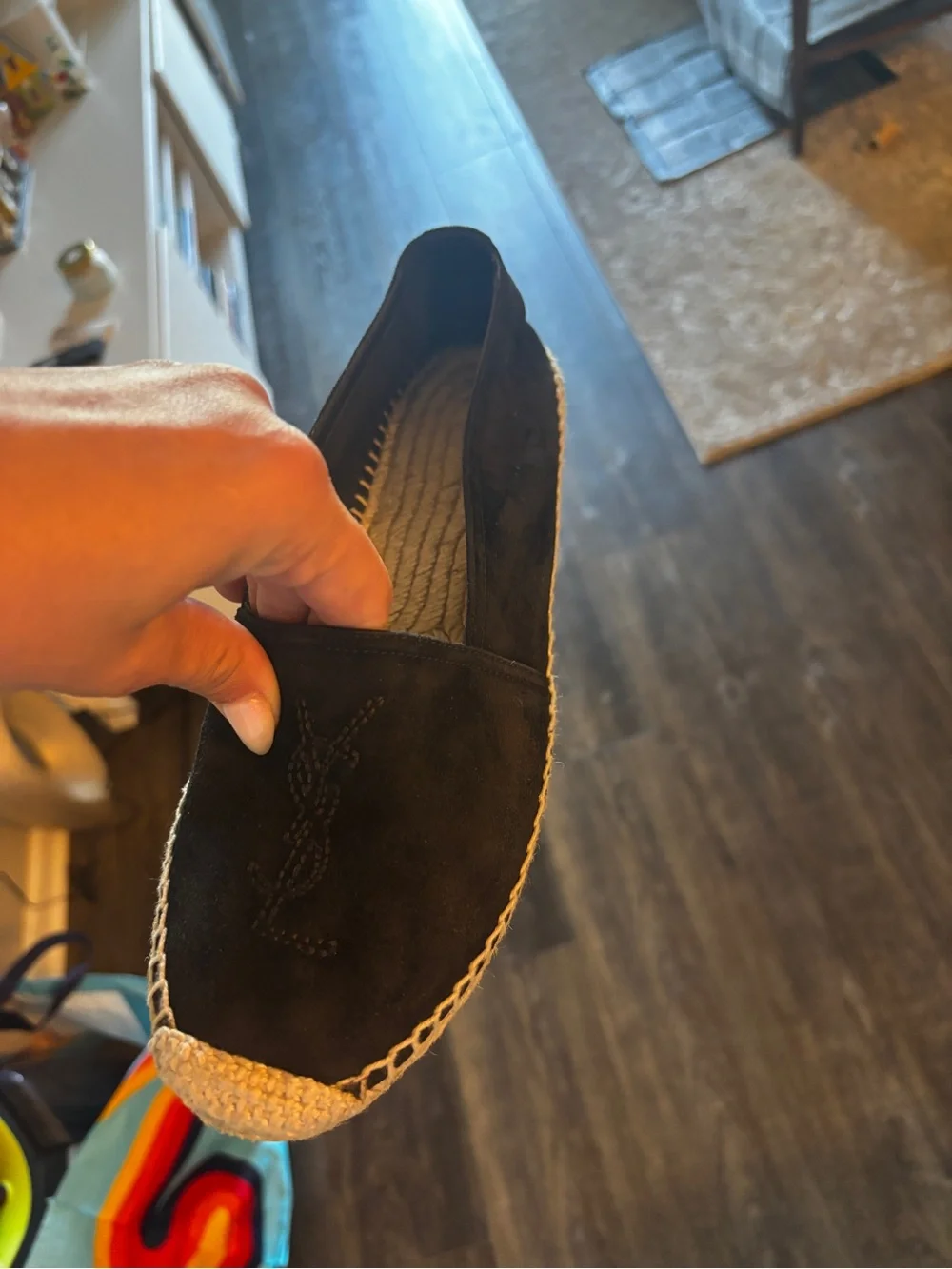 Yves Saint Laurent Black Suede Espadrille Flats with Beaded Logo 38